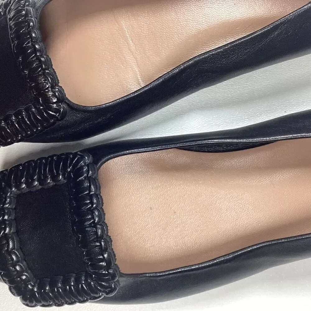 Aquatalia Adorned Black Woven‎ Leather Square Toe Flats  Size 7